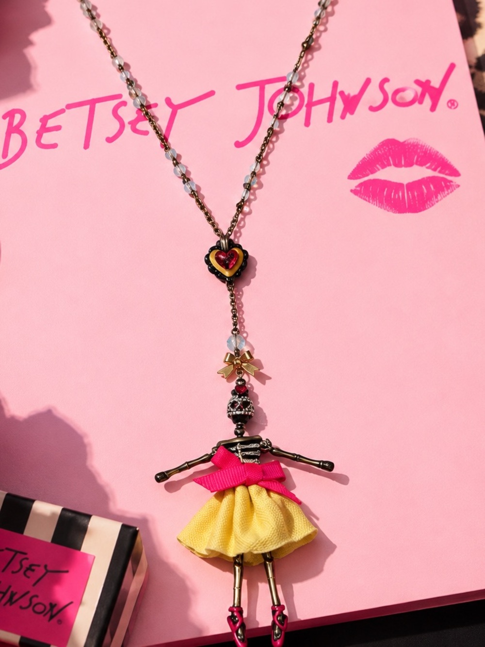 Betsey Johnson Skull Doll Pendant Necklace Pink Yellow Dress Crystal Chain